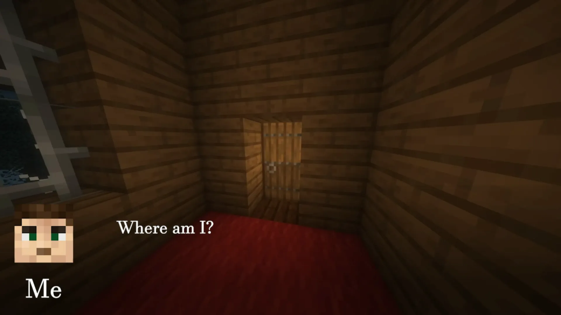 Minecraft screenshot with text saying "Where am I?"