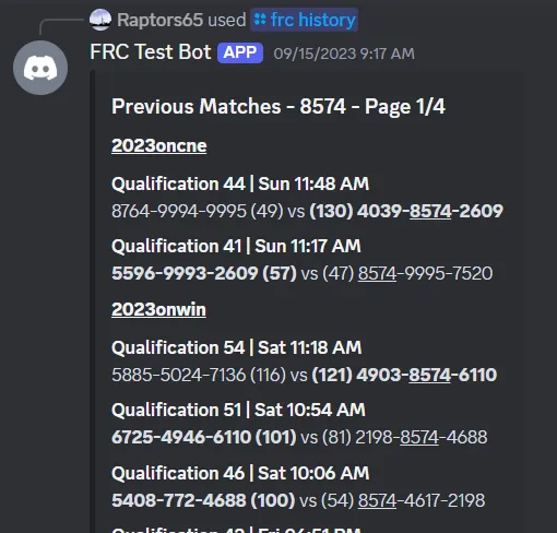 Discord message listing previous FRC matches